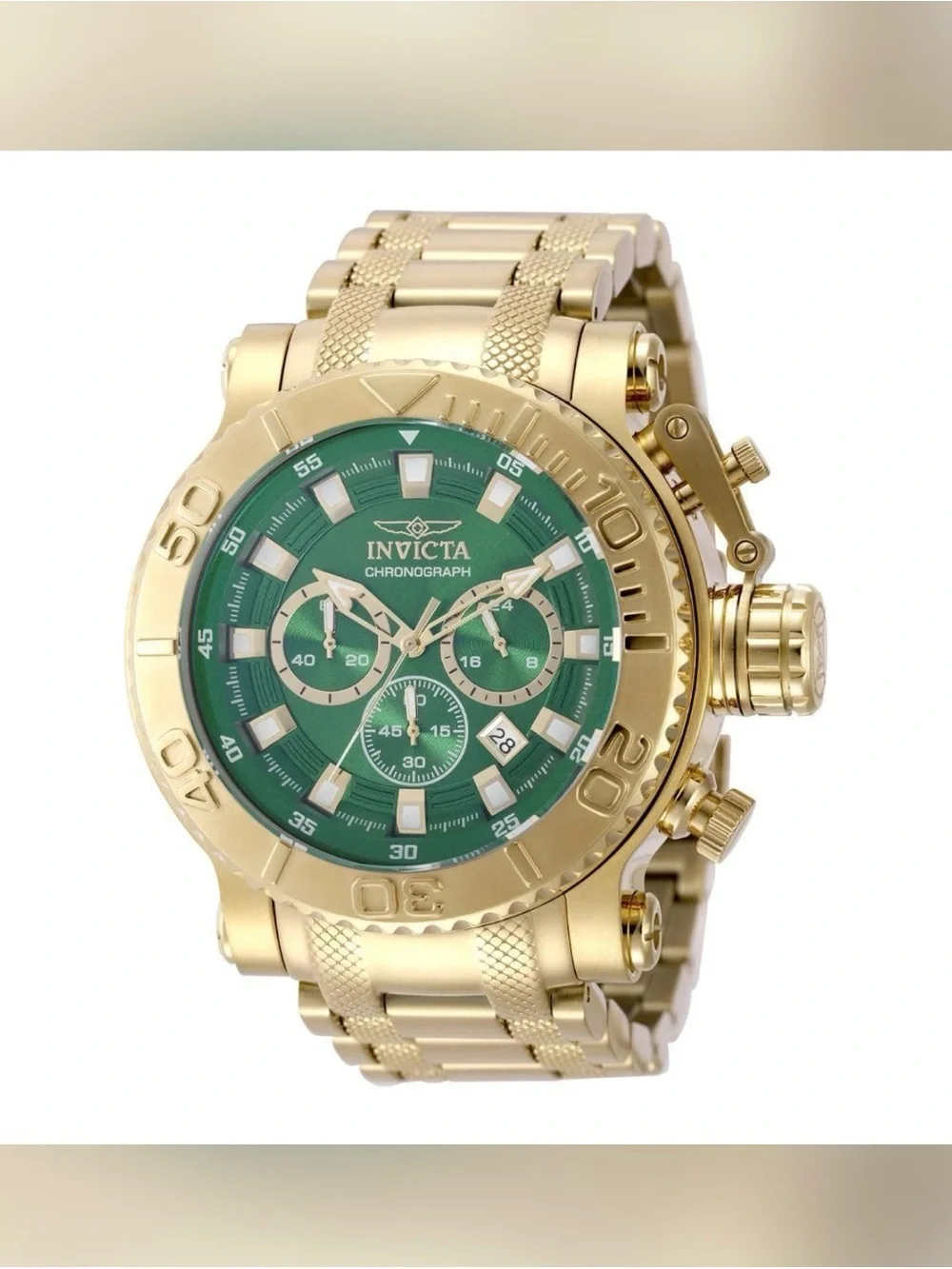 Invicta Chronograph Men's 50mm Quartz Chrono Date 100m Green Dial Gold SS